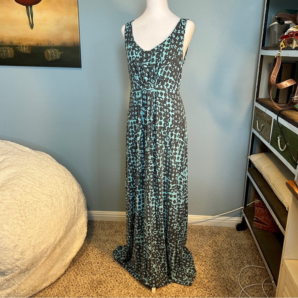 Boden Teal Turquoise and Gray Floral Patterned Maxi Dress - Sz 10 Long